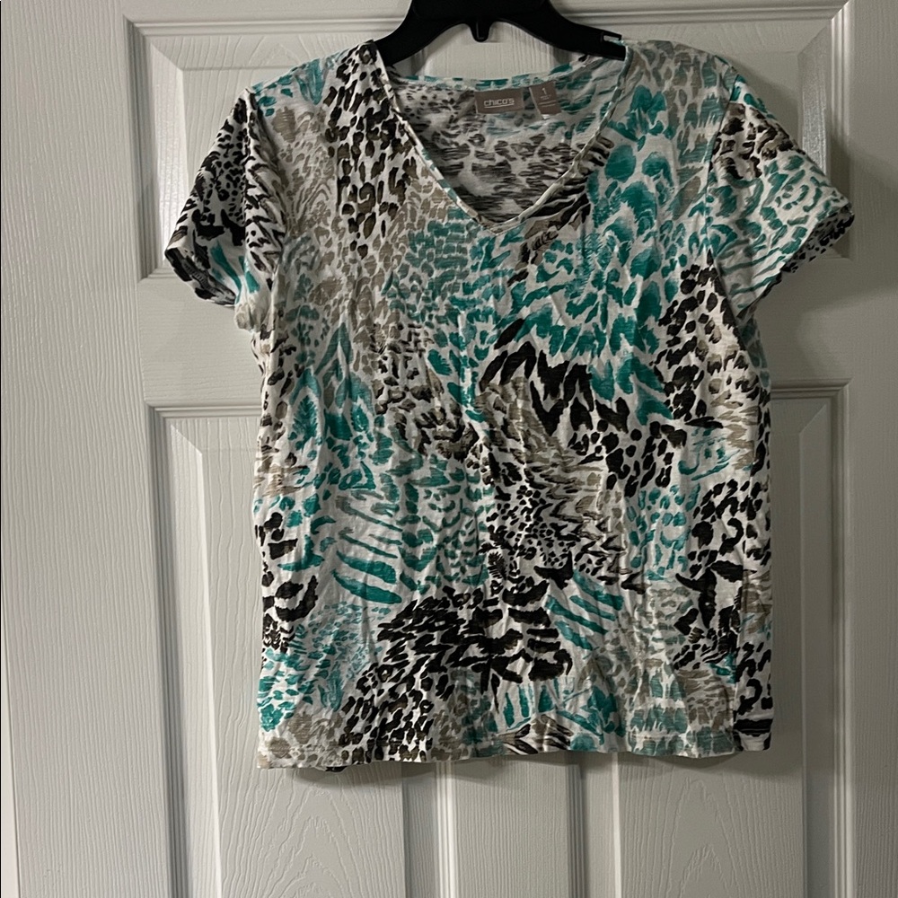 Chico's Teal and Black Patterned Short Sleeve Top